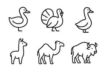 Naklejka premium Farm and wildlife animal icon set. Duck, turkey, alpaca, camel and bison for agriculture, Thanksgiving and nature projects. Vector illustration.