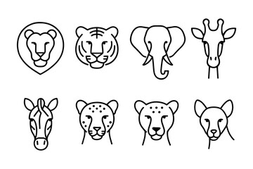 Naklejka premium Wild animal face icon set. Lion, tiger, elephant, giraffe, zebra and cheetah for safari, wildlife and nature projects. Vector illustration.