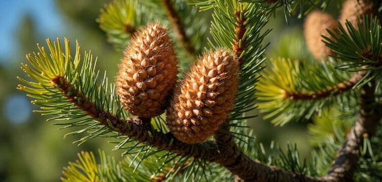 Two big brown pine cones on green branch of Italian stone pine tree. Sun shines on needles. Background shows blurred forest. Natural detail of coniferous plant.
