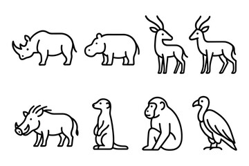 Obraz premium Outline icon set of African safari animals. Includes rhinoceros, hippopotamus, antelope, warthog, meerkat, baboon, and vulture. Ideal for wildlife, zoo, nature, and safari themes. Vector illustration.