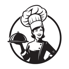 Female Chef Logo Holding Serving Tray in Black and White Illustration