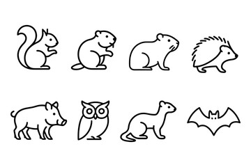 Fototapeta premium Set of forest animal outline icons. Includes squirrel, beaver, groundhog, hedgehog, wild boar, owl, weasel, and bat. Great for woodland, nature, and wildlife-themed projects. Vector illustration.