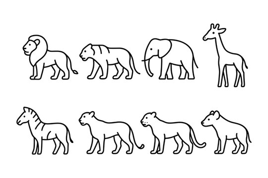 Outline icons of wild African animals. Includes lion, tiger, elephant, giraffe, zebra, cheetah, leopard, and hyena in walking poses. Perfect for safari, zoo, or wildlife themes. Vector illustration.