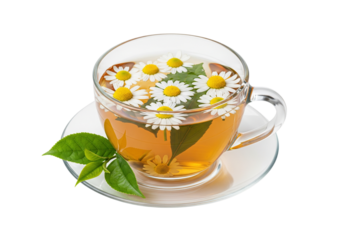 A glass of fresh, healing yellow chamomile tea, isolated on a transparent background and decorated with chamomile flowers and green leaves. Herbal beverage.
