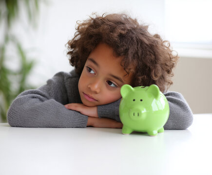 Ni&ntilde;o peque&ntilde;o con cabello rizado apoya la cabeza sobre sus brazos junto a una alcanc&iacute;a verde en una mesa blanca, en un entorno hogare&ntilde;o iluminado,  educaci&oacute;n financiera infantil y ahorro temprano.