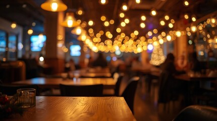 Warm festive restaurant interior with glowing string lights and Christmas decorations, cozy holiday dining atmosphere with blurred people and wooden tables