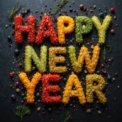 Happy New Year text formed with bright candy sprinkles in vibrant close up display