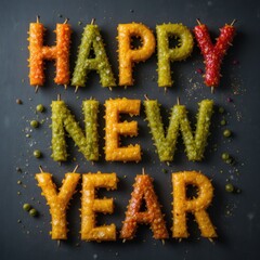 Happy New Year wording created with colorful sprinkles on dark textured background