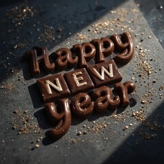 Happy New Year text made with chocolate letters on dark background with festive sprinkles