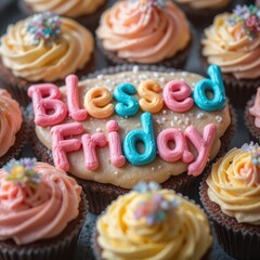 Blessed Friday text candles placed on colorful cupcakes decorated with frosting swirls