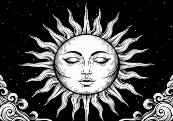 Hand-drawn celestial sun with a peaceful face, surrounded by rays and clouds in a black and white vintage esoteric vector illustration. 4