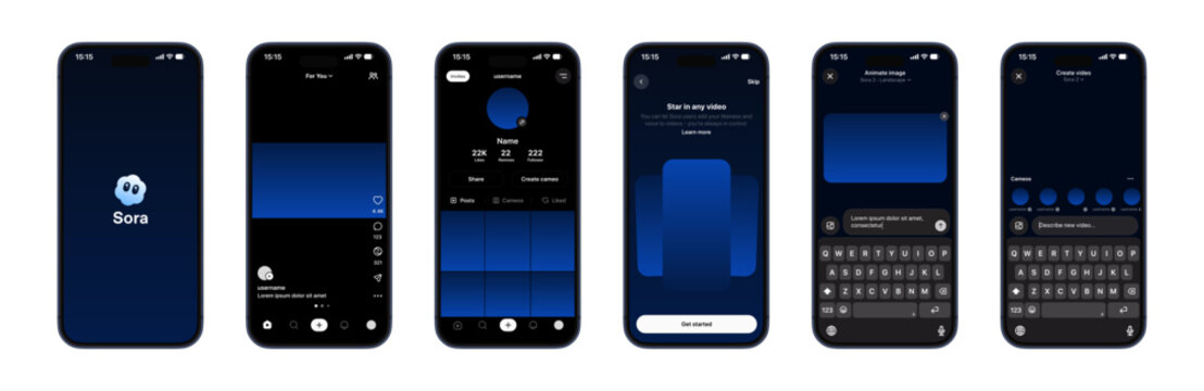 Sora app complete UI mockup on iPhone 17 Pro Max showing home feed, profile, posts, messages, notifications, explore, search, tools, and interactive elements in a modern clean vector illustration