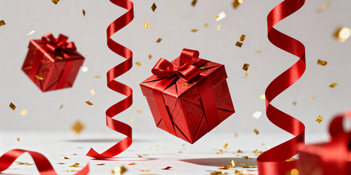 Floating red gift boxes with satin bows and gold confetti. Festive celebration background for Christmas or Birthday. Levitating presents with streamers and copy space