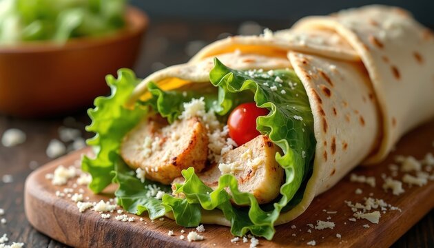 Chicken Caesar wrap filled with grilled chicken breast, crisp romaine lettuce, cherry tomato, Parmesan cheese. Savory meal perfect for quick lunch satisfying snack. Served on rustic wooden board.