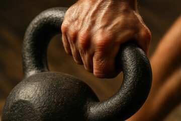Iron Grip: A person's strong hand clasps a robust kettlebell, reflecting dedication and physical power. It's a close-up that shows determination and strength.
