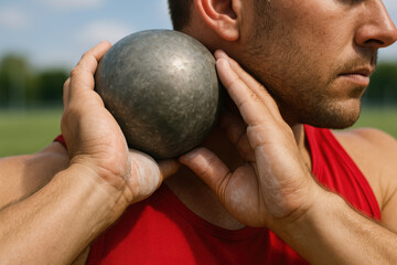 Poised for Power: A muscular athlete prepares to unleash a shot put, embodying strength, focus, and dedication in the realm of sports competition. 