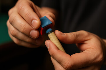 Billiard Chalking: A close-up shot captures the meticulous process of chalking a billiard cue, highlighting the precision and preparation required for a perfect shot.