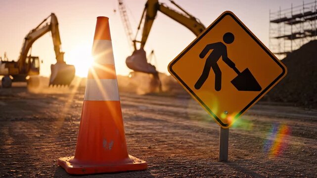 a construction site at sunset, featuring a bright orange traffic cone beside a work zone sign. The construction site includes heavy machinery and dust that fill t