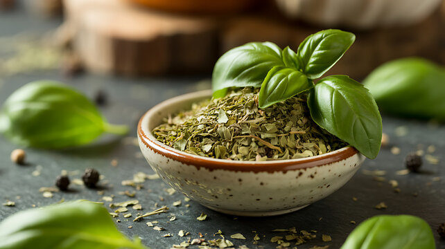 Fresh and Dried Basil Herbs in Rustic Bowl on Dark Surface. Culinary Ingredients for Cooking. - Powered by Adobe