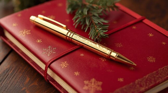 Golden pen resting on a red holiday notebook decorated with snowflakes, festive writing setup with Christmas greenery, warm seasonal stationery concept - Powered by Adobe