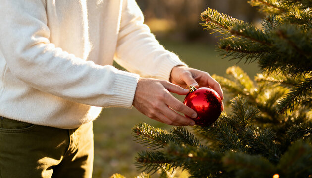 Close up of man decorating Christmas tree outdoors. Male hands in white sweater hanging red bauble on pine branch. Winter holiday preparation concept - Powered by Adobe