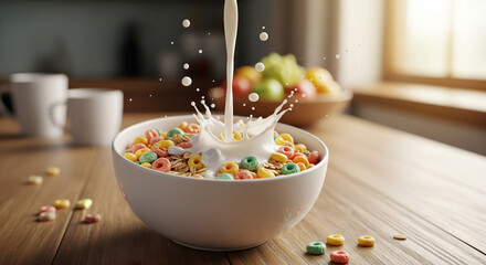 Milk Splashing into a Bowl of Colorful Breakfast Cereal on a Wooden Table