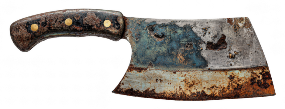 Rusted cleaver knife with heavy blade, isolated on transparent background, old metal tool concept, crisp studio lighting