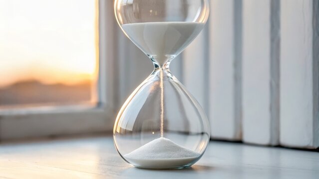 A clear glass hourglass with white sand showing time passing