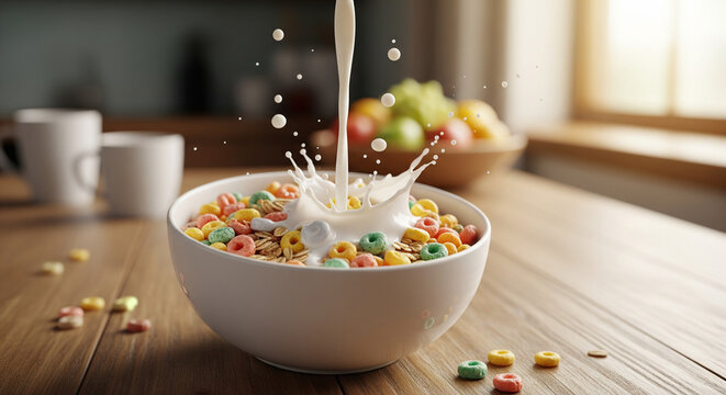 Milk Splashing into a Bowl of Colorful Breakfast Cereal on a Wooden Table - Powered by Adobe