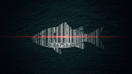 Fish silhouette with barcode pattern, symbolic concept of illegal fishing and tracking.