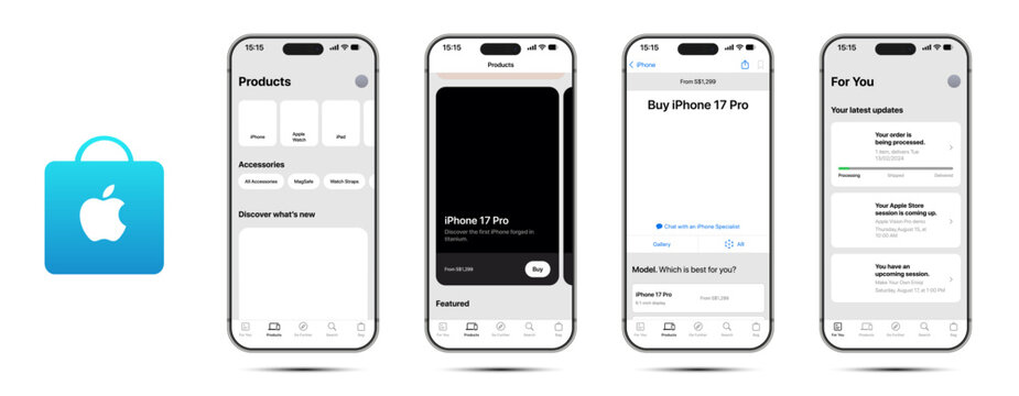 Apple Store clean mobile UI showing products, cart, checkout, and account tools in a modern vector illustration