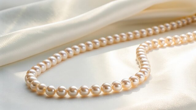 A string of pearls resting on white silky fabric - Powered by Adobe