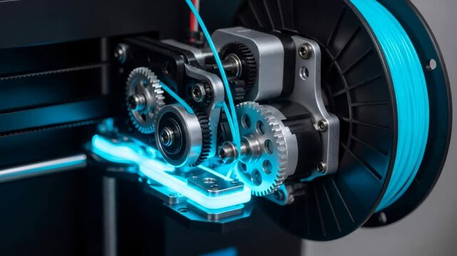Close up of a bioprinter extruder mechanism with blue filament spool. Advanced 3d printing technology developing bio-materials for medical innovation.