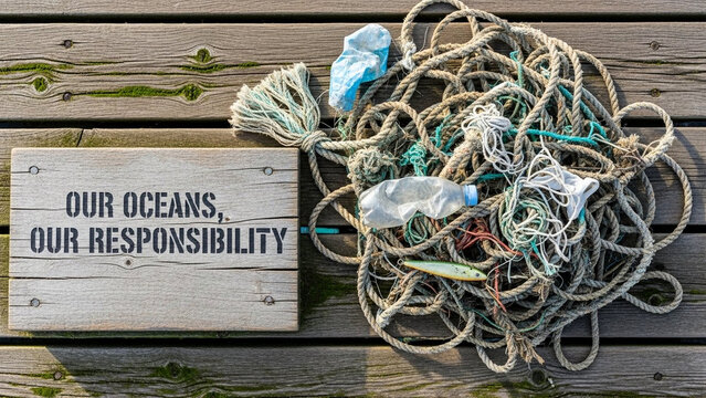 Top-down view of tangled fishing ropes on a dock, worn textures, no people, environmental messaging.