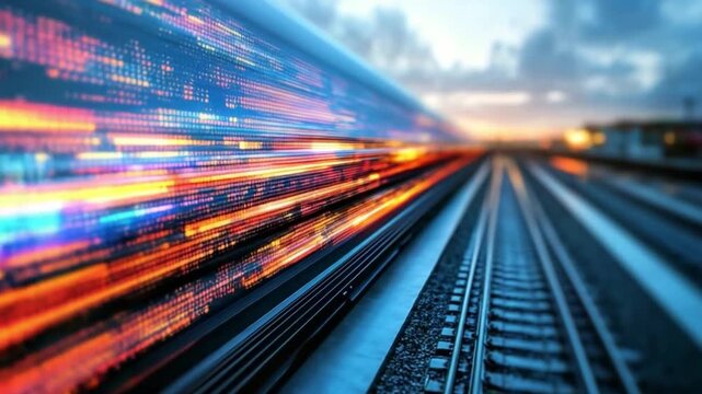 High-Speed Train in Motion: An evocative shot of a train speeding along a rail track, the blurred motion and streaks of light creating a sense of energy, speed, and technological advancement.