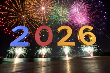 A bright multi color fireworks exploding above large write down on screen happy new year 2026, illustration art  