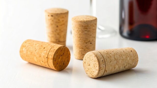 Close up of cork bottle stoppers arranged in a studio setting