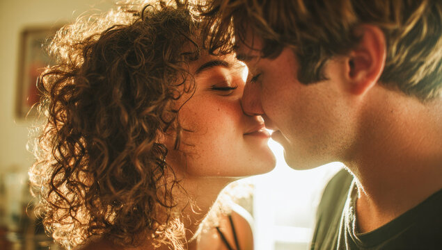 Primer plano de Pareja de jovenes adolescente hombre y mujer dandose un beso sobre fondo soleado en interior de habitacion.