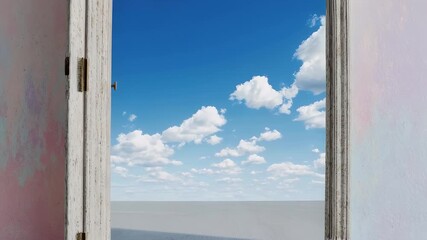 Open door reveals a bright blue sky and fluffy clouds beyond painted walls and gray floors - Powered by Adobe