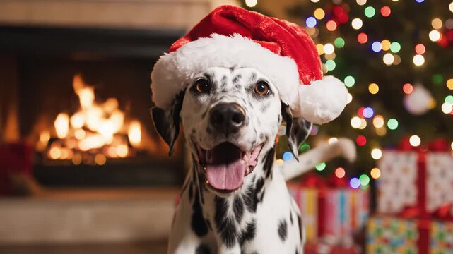 Joyful Dalmatian dog with a Santa hat, wagging his tail in a cheerful living room filled with holiday spirit and decorations.  