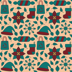 A seamless vector flat pattern featuring eco-friendly Christmas elements such as poinsettias, Santa hats, stockings, snowflakes, ornaments, leaves, and reusable bags.