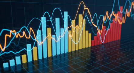 Abstract 3d rendering of glowing line graph and bar chart showing financial market data analysis and business growth trend on dark background