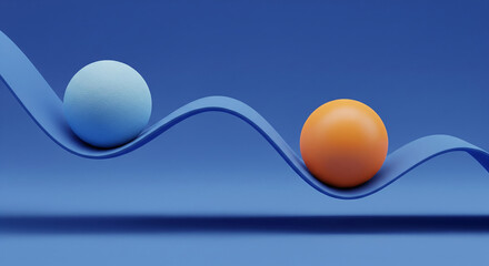 Two contrasting 3d rendered spheres, one textured blue and one smooth orange, rolling on a wavy blue ribbon against a solid blue background representing difference and comparison