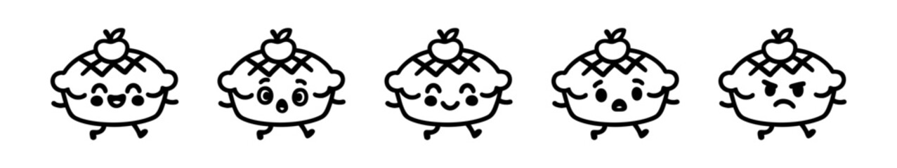 Apple Pie Cartoon Character Lineup Expressing Varied Emotions in Animated Poses