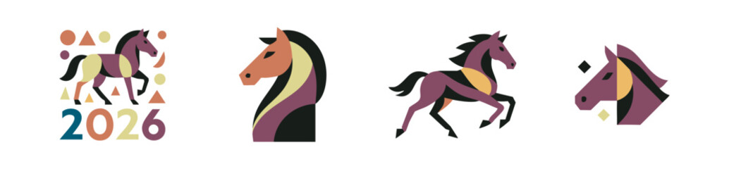 Geometric Horses Representing a Future Year with Graphic Elements on White