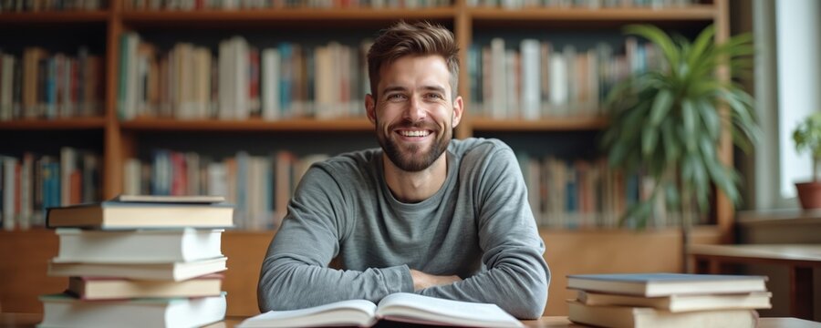 Young man smiles sitting at desk with stack of books, reading material open. Tall shelves with books line background walls. He studies intensely for career path.