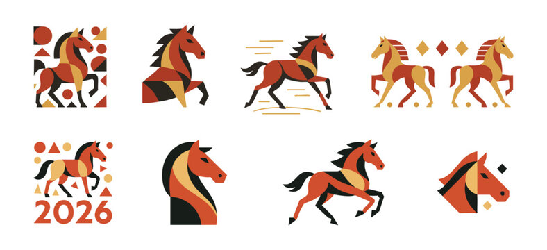 Stylized Geometric Horse Illustrations on a White Background for New Year 2026