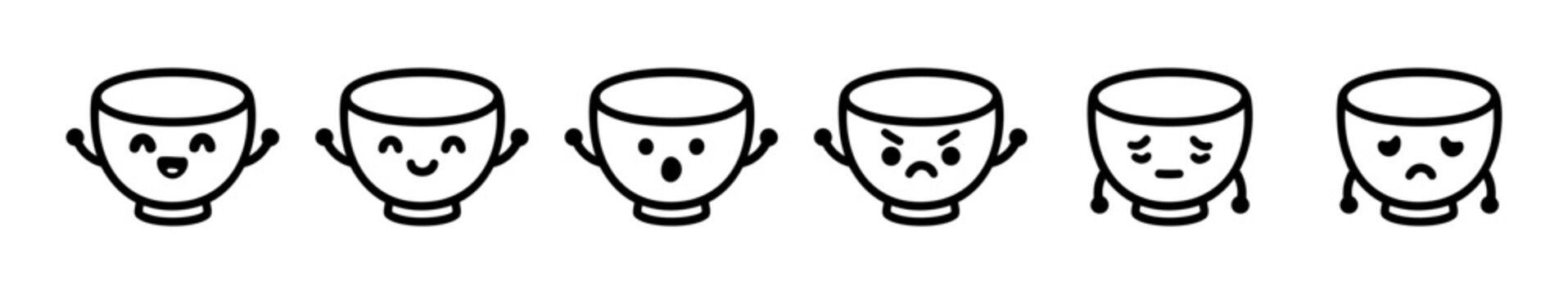 Bowl Face Emoticon Set Expressing Happy Angry Sad and Surprised Moods in Row