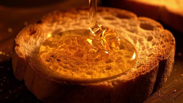 Golden Honey Drizzling on Toasted Bread Slice, Close-up of Sweet Breakfast.