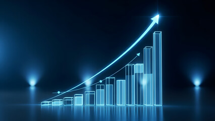 Abstract Blue Glowing 3D Bar Chart Displaying Business Growth and Financial Success with an Upward Rising Arrow, Representing Data Analysis and Market Progress